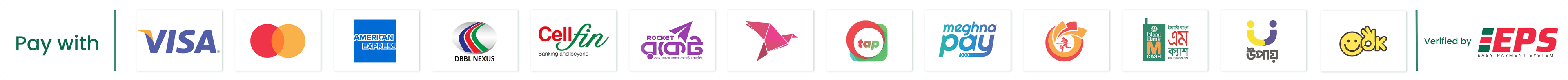 Accepted payment methods — Visa, Mastercard, American Express, DBBL Nexus, bKash, Rocket, Nagad and more, verified by EPS