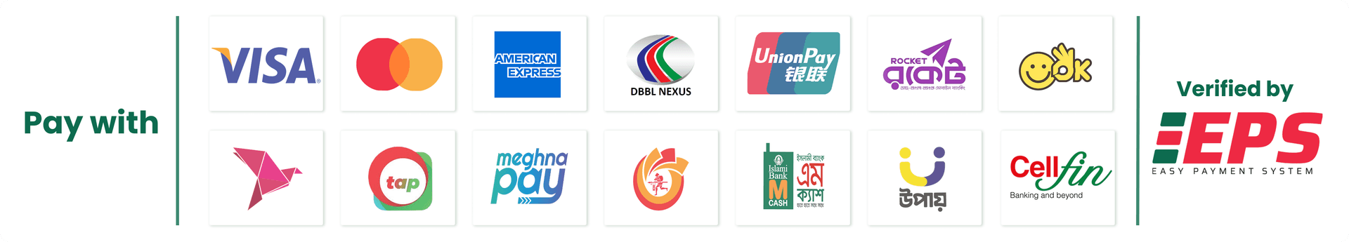 Accepted payment methods — Visa, Mastercard, American Express, DBBL Nexus, bKash, Rocket, Nagad and more, verified by EPS